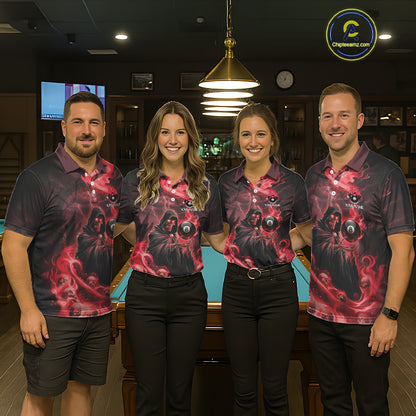 Grim Reaper Red Flames 8 Ball Pool Men Polo & 1/4-Zip Shirt Personalized Skull Billiard Gifts NYN2433