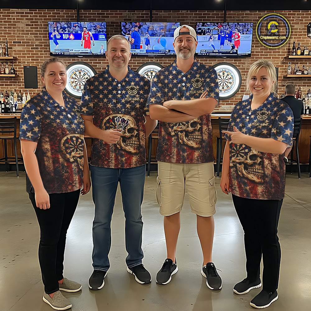 US Flag Retro Cracked Skull Dartboard Women Darts Polo Shirt Custom Patriotic Vintage Dart Shirt NYN2660