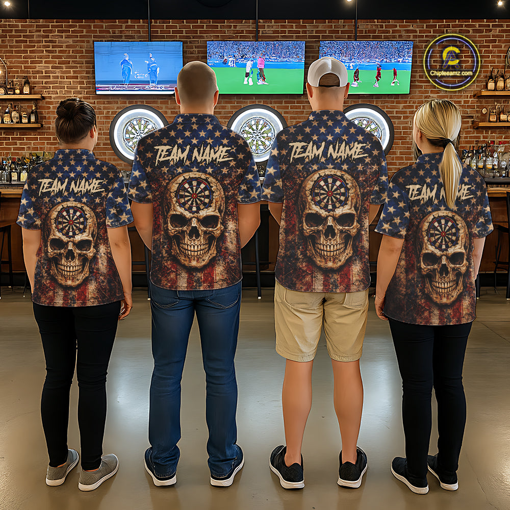 US Flag Retro Cracked Skull Dartboard Women Darts Polo Shirt Custom Patriotic Vintage Dart Shirt NYN2660