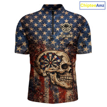 Load image into Gallery viewer, US Flag Retro Cracked Skull Dartboard Men Darts Quarter-Zip Shirt Custom Patriotic Vintage Dart Shirt NYN2660