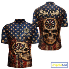 Load image into Gallery viewer, US Flag Retro Cracked Skull Dartboard Men Darts Quarter-Zip Shirt Custom Patriotic Vintage Dart Shirt NYN2660