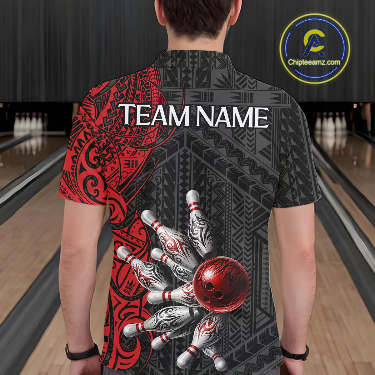 Red And Black Polynesian Tribal Bowling Ball & Pins Shirt For Men Custom Bowling Team Shirts Outfit NYN3201