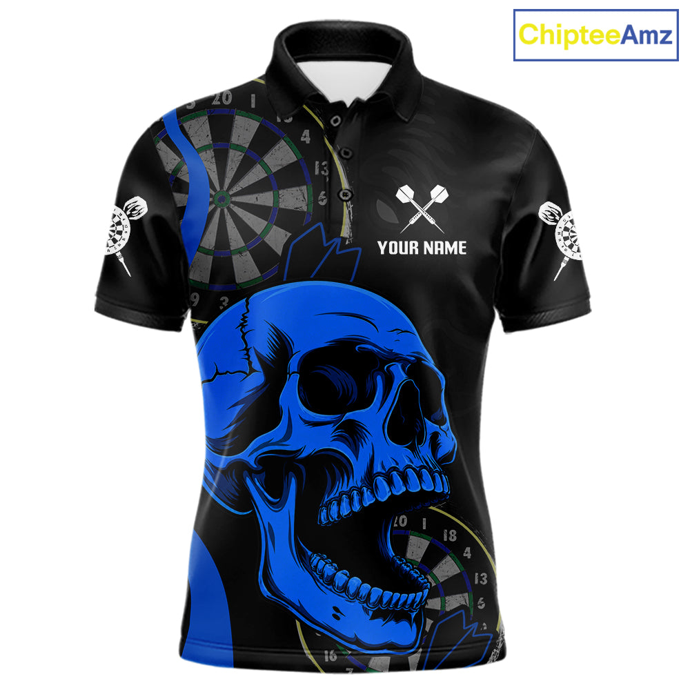 Personalized Black Blue Skull Men's Darts Polo Shirt Mockup, Professional Skull Dart Team Jersey