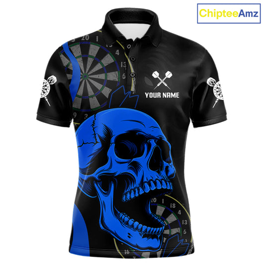 Personalized Black Blue Skull Men's Darts Polo Shirt Mockup, Professional Skull Dart Team Jersey