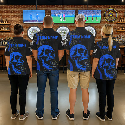 Dart team wearing Black Blue Skull Personalized Jerseys, Professional Dart Tournament Uniforms