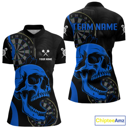 Personalized Skull Women's Quarter-Zip Darts Shirt Mockup, Black Blue Tournament Jersey, Custom Dart Apparel
