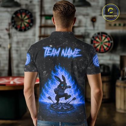 Male model wearing Crazy Rabbit Fire Flame Blue Darts Polo, Personalized Tournament Apparel