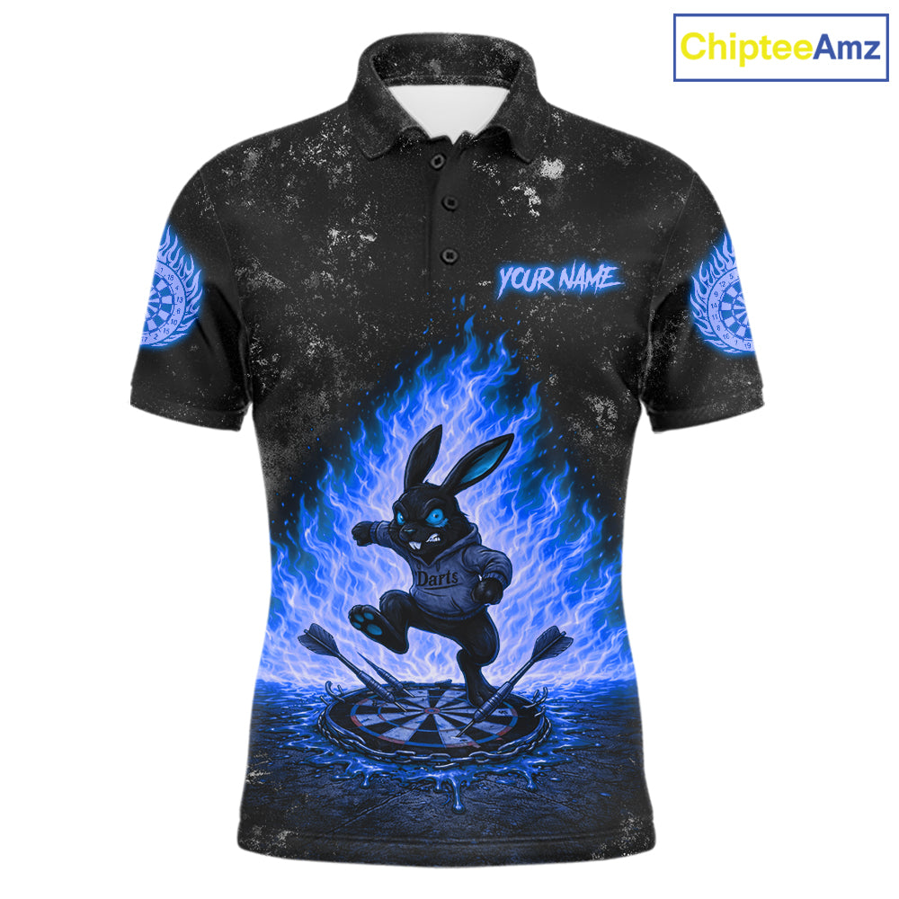 Crazy Rabbit Fire Flame Men's Darts Polo Shirt Mockup, Blue Dart League Jersey, Personalized Tournament Shirt
