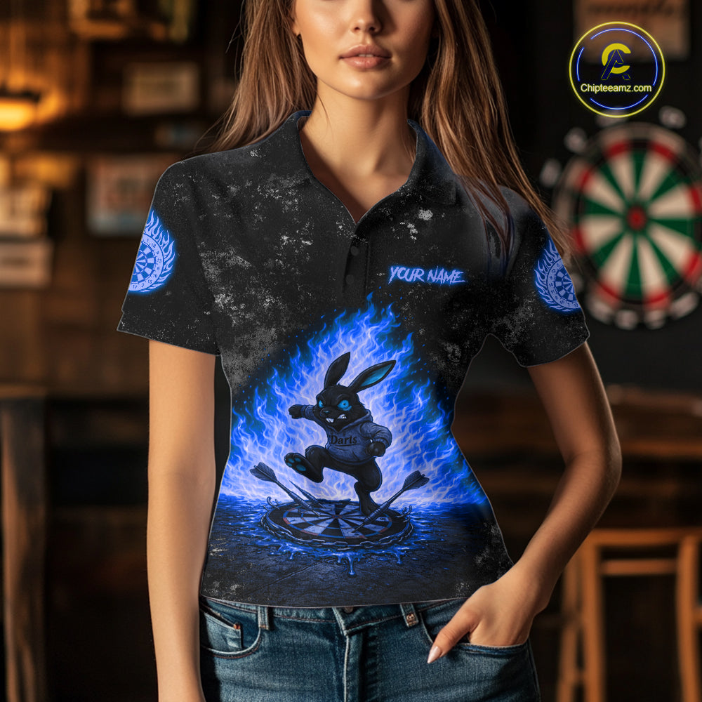 Female model wearing Crazy Rabbit Fire Flame Blue Women's Darts Polo, Personalized League Jersey