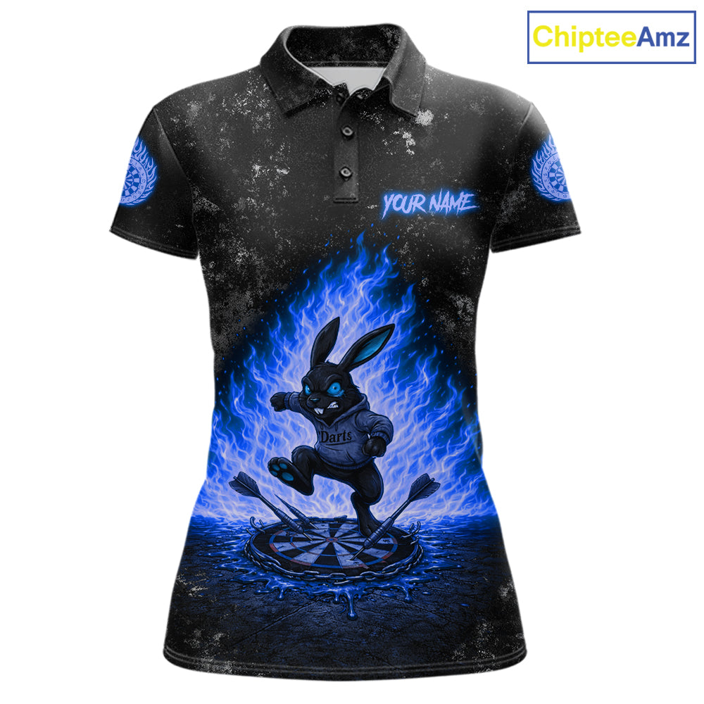 Crazy Rabbit Fire Flame Women's Darts Polo Shirt Mockup, Blue Custom Dartboard Tournament Jersey, Personalized Team Apparel