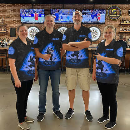 Dart team wearing Crazy Rabbit Fire Flame Blue Custom Jerseys, Professional Dart Tournament Uniforms