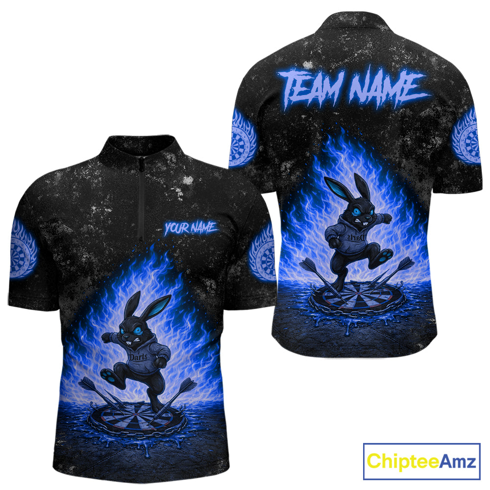 Crazy Rabbit Fire Flame Men's Quarter-Zip Darts Jersey Mockup, Blue Professional League Shirt