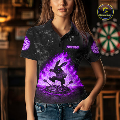 Female model wearing Crazy Rabbit Fire Flame Purple Women's Darts Polo, Personalized League Jersey