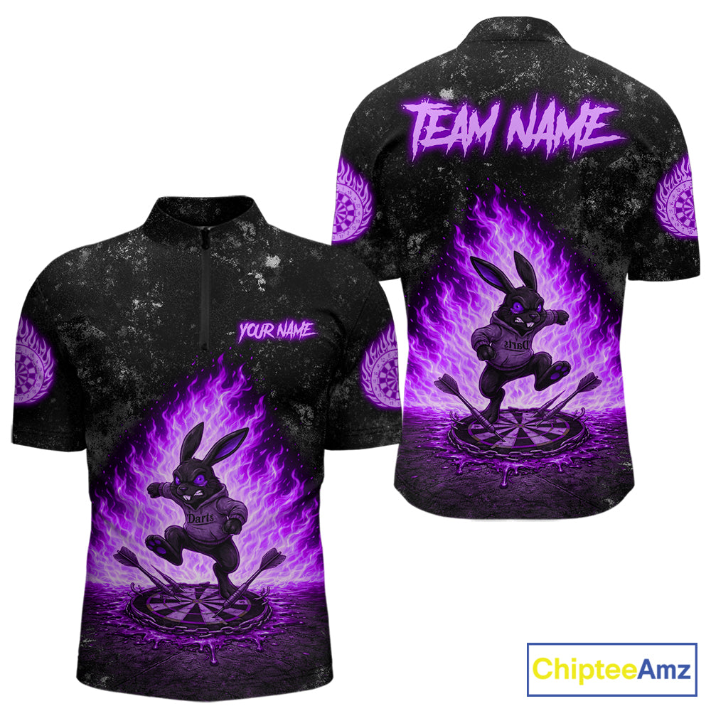 Crazy Rabbit Fire Flame Men's Quarter-Zip Darts Jersey Mockup, Purple Professional League Shirt