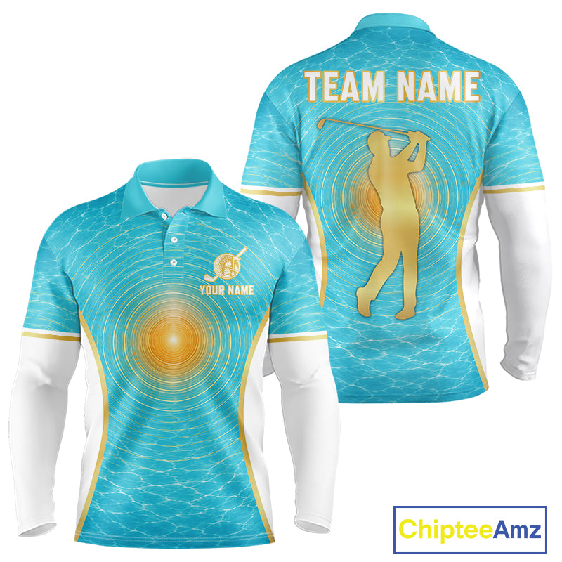 White, Gold And Blue Ocean Golf Polo Shirts For Men Custom Summer Golf Team Jersey, Golf Gifts NYN4032