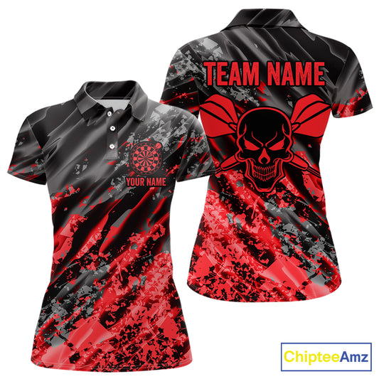 Custom Streaks Red And Grey Skull Women Darts Polo Team Shirt Skull Dart League Jerseys NYN2179