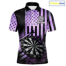 Load image into Gallery viewer, Purple US Flag Grunge Dartboard &amp; Arrow Men Darts Polo Shirts Custom Dart Team Jerseys NYN2444