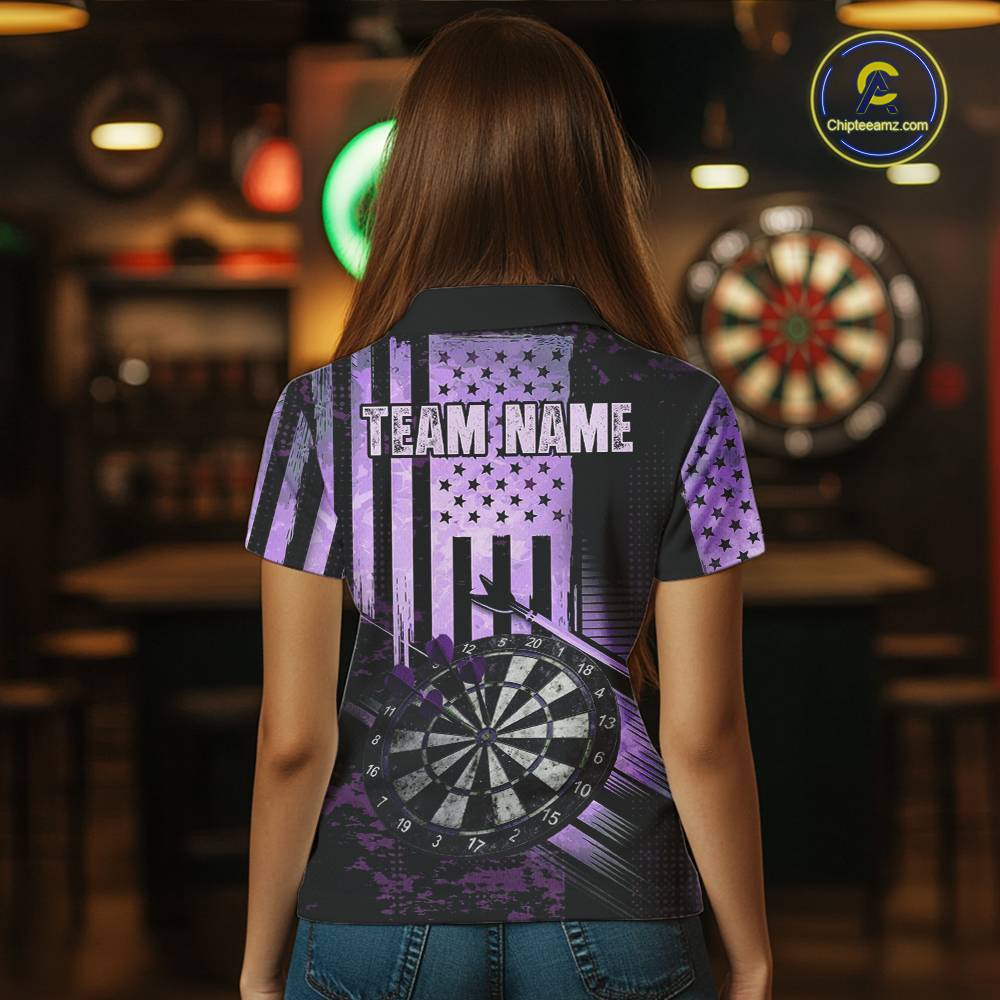 Purple US Flag Grunge Dartboard & Arrow Women Darts 1/4-Zip Shirts Custom Dart Team Jerseys NYN2444