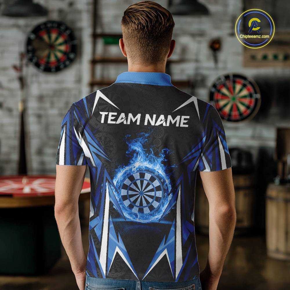 Black And Blue Flames Dartboard Men Darts Polo Shirts Custom Fire Flame Dart Team Jerseys NYN2445