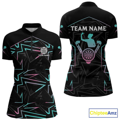 Blue And Pink Lines Human Plays Darts 1/4-Zip Shirts For Women Personalized Dart Team Jerseys NYN2448