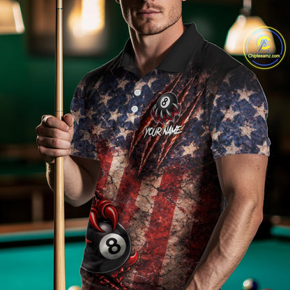 Personalized Cracked US Flag Grunge Claws Pool 8 Ball Men's Billiard Team Shirt Billiard Attire NYN2672