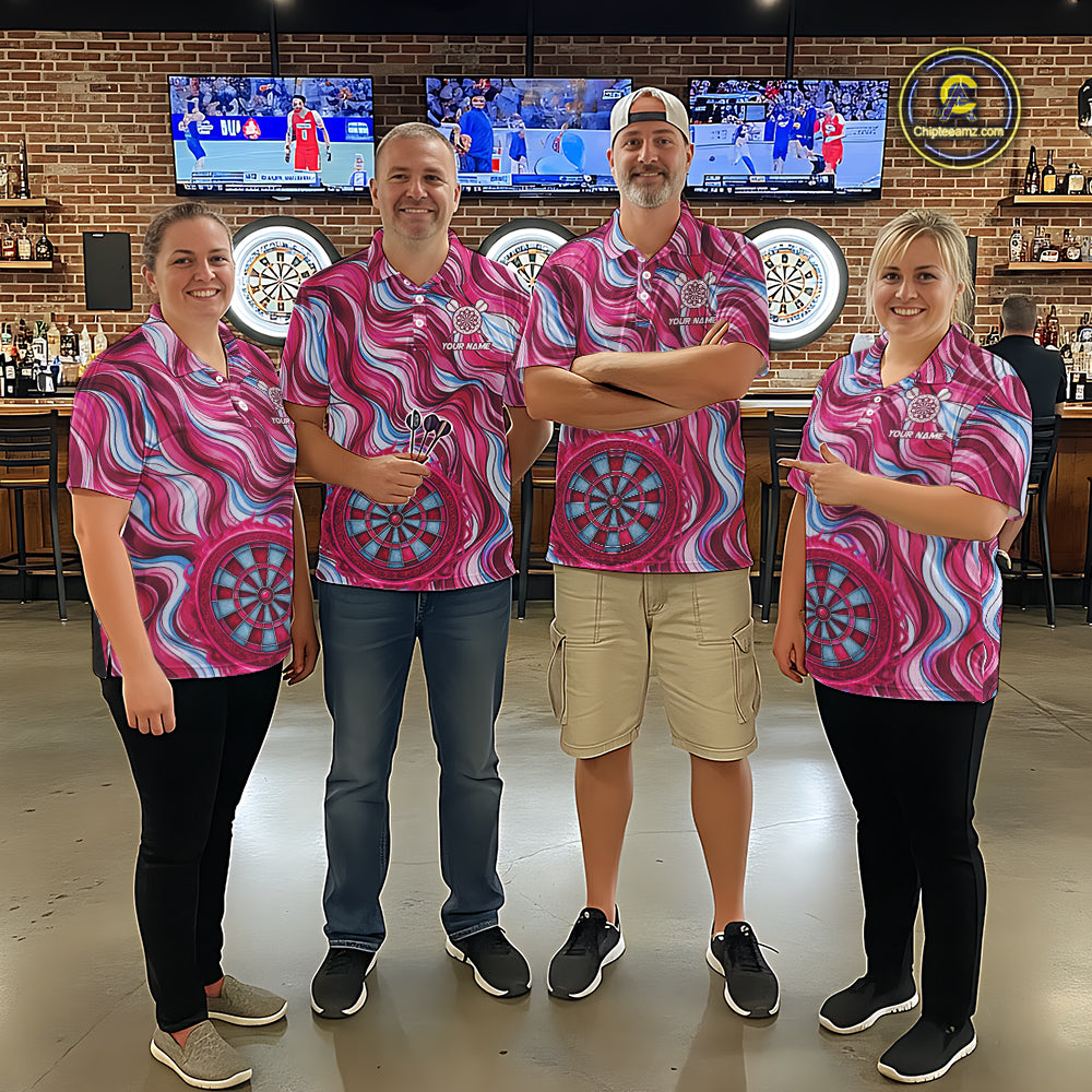 Custom Pink Blue Paint Dartboard & Arrow Polo & Quarter-Zip Shirt For Men Outfits Dart Jerseys NYN2825
