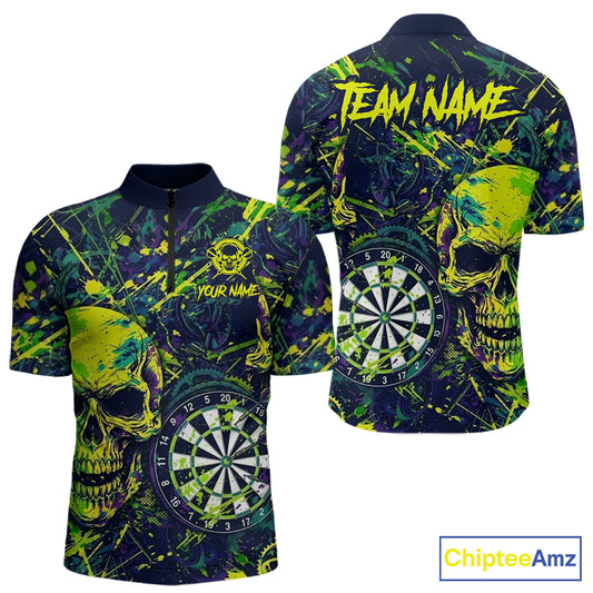 Grunge Blue Green Strike Horror Skull Mens Darts Shirt Personalized Splatter Dart Team Jerseys NYN3202