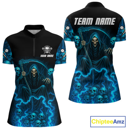 Blue The Reaper Women's Darts Shirt Flame Skulls Team Jersey - Custom Name For Players NYN0507