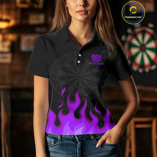 Custom Purple Flames Skull Dartboard Polo Darts Shirt For Women Outfit Dart Team Jersey NYN0994