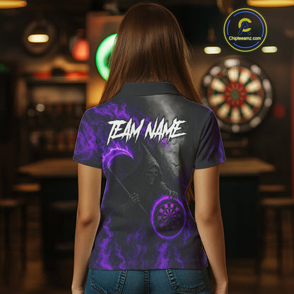 Custom Purple Flaming Dartboard Grim Reaper Dart Women Polo Shirt Dart Team Jerseys NYN1639