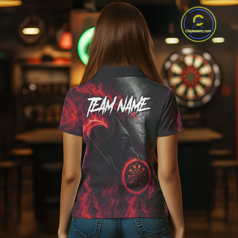 Custom Red Flaming Dartboard Grim Reaper Dart Women Polo Shirt Dart Team Jerseys NYN1640
