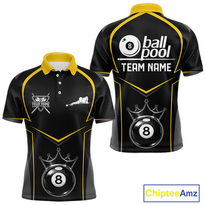 Black 8 Ball Crown Pool Men Polo & 1/4-Zip Team Shirts Custom Billiards Ball & Cue Attire|Yellow NYN2459