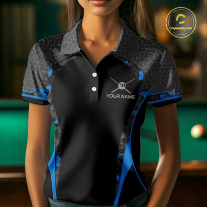 Camo 8 Ball Pool Billiard Polo & 1/4-Zip Shirt For Women Custom Blue And Black Billiard Team Attire NYN3049