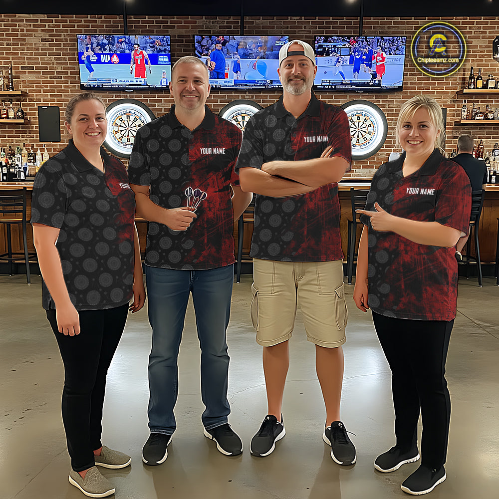 Red Grunge Splatter Women Dart Shirt Personalized Dartboard & Arrow Pattern Dart Team Attire NYN3215