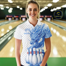 Load image into Gallery viewer, Female model wearing white blue dragon bowling polo shirt custom bowling team jersey for league bowlers