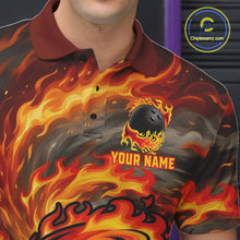 Load image into Gallery viewer, Male model wearing red storm fire flame bowling polo shirt custom bowling team jersey for league bowlers