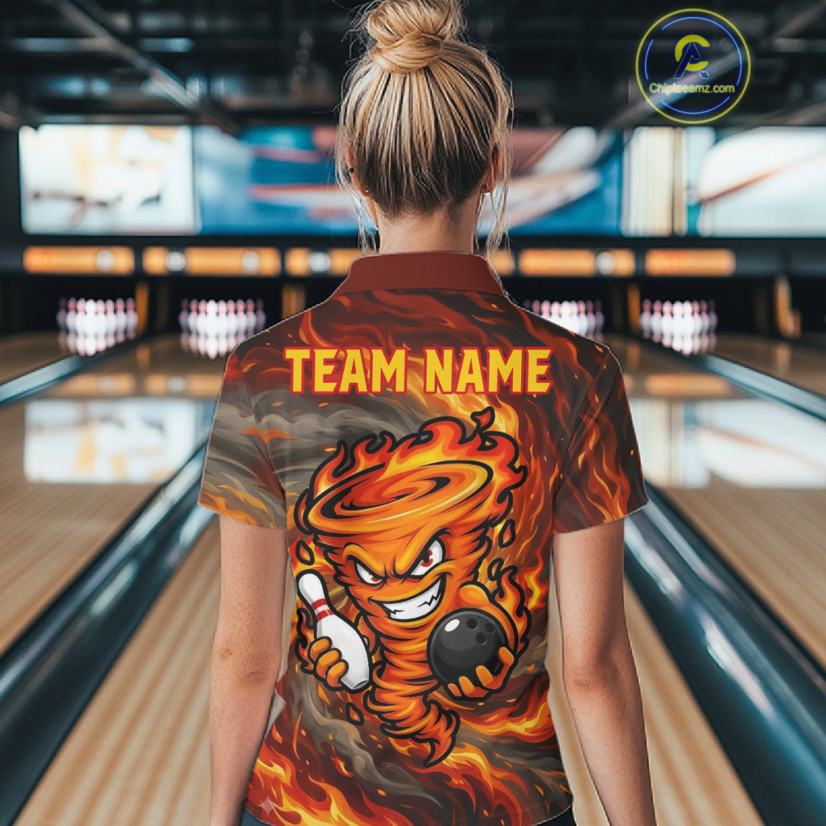 Female model wearing red storm fire flame bowling polo shirt custom bowling team jersey for league bowlers