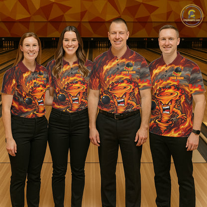 Bowling team wearing red storm fire flame bowling shirts custom bowling team jerseys for tournaments