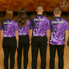 Load image into Gallery viewer, Bowling team wearing thunder lightning purple dragon bowling shirts custom bowling team jerseys for tournaments