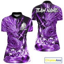 Load image into Gallery viewer, Women's thunder lightning purple dragon bowling quarter zip shirt mockup custom bowling team jersey