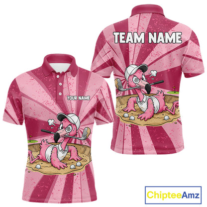 Men's golf polo mockup featuring distressed pink flamingo graphics, personalized golf polo for tournaments, golf teams, golf outings and country clubs. Appeals to bird lovers, tropical fashion enthusiasts, beach vacation travelers.