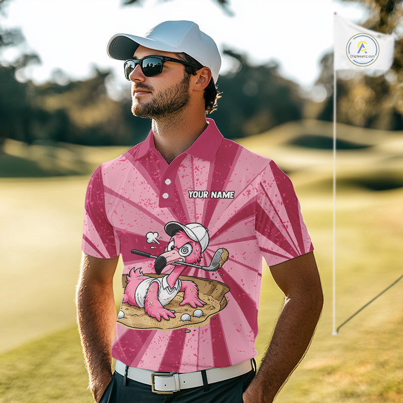 Male golfer wearing custom flamingo golf polo on championship course, premium moisture-wicking golf apparel for golf leagues, golf vacations and country club events.