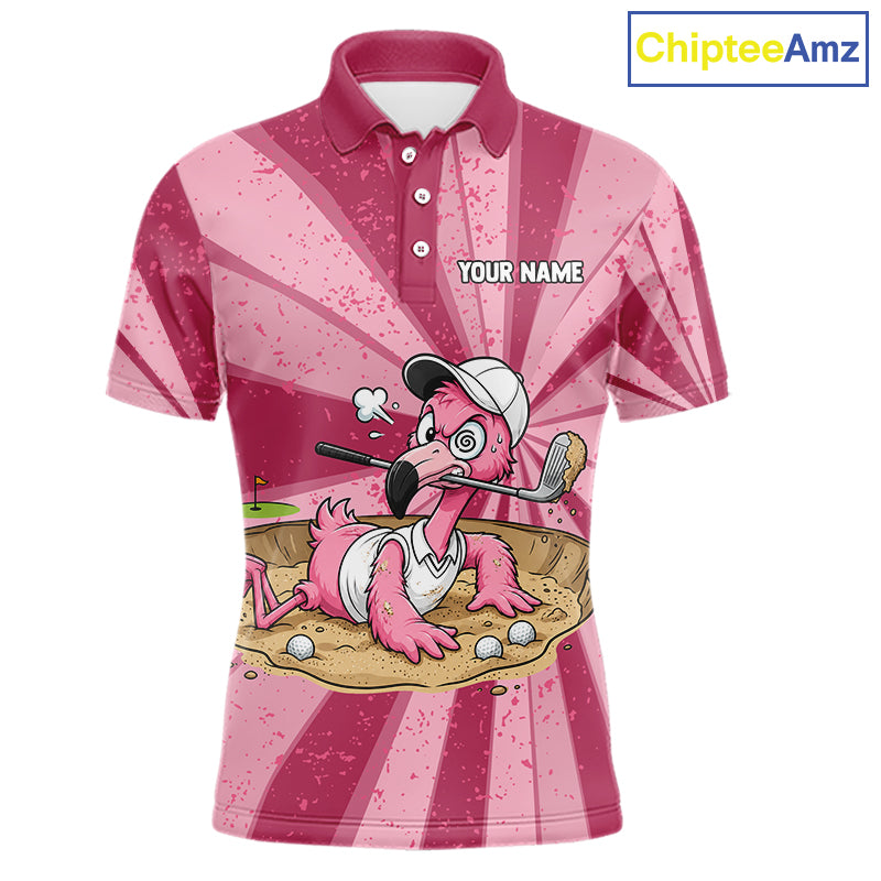 Men's golf polo mockup featuring distressed pink flamingo graphics, personalized golf polo for tournaments, golf teams, golf outings and country clubs. Appeals to bird lovers, tropical fashion enthusiasts, beach vacation travelers.