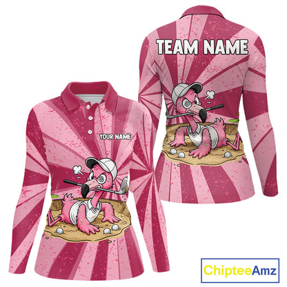 Women's golf polo mockup featuring vibrant grunge pink flamingo artwork, personalized golf tournament shirt for ladies golf leagues, country clubs, vacation golf apparel and tropical fashion enthusiasts. Themes of grace, harmony and confidence.