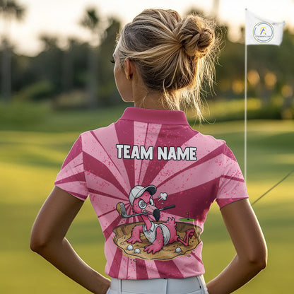 Female golfer wearing custom pink flamingo golf polo during a sunny golf tournament, breathable performance golf apparel for women golfers, tropical vacation lovers, flamingo enthusiasts and resort lifestyle fans. Symbolizes confidence, elegance, freedom and joyful living.