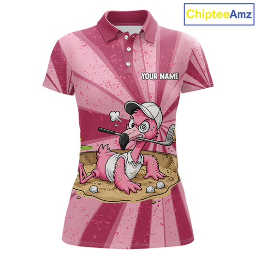 Women's golf polo mockup featuring vibrant grunge pink flamingo artwork, personalized golf tournament shirt for ladies golf leagues, country clubs, vacation golf apparel and tropical fashion enthusiasts. Themes of grace, harmony and confidence.