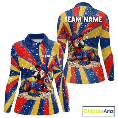 Women's golf polo mockup featuring vibrant grunge parrot artwork, custom golf shirt for women's golf teams, country clubs and tropical golf vacations. Themes: creativity, optimism and adventure.