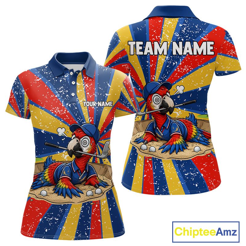 Women's golf polo mockup featuring vibrant grunge parrot artwork, custom golf shirt for women's golf teams, country clubs and tropical golf vacations. Themes: creativity, optimism and adventure.