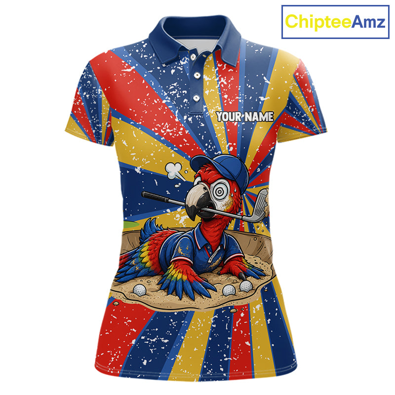 Women's golf polo mockup featuring vibrant grunge parrot artwork, custom golf shirt for women's golf teams, country clubs and tropical golf vacations. Themes: creativity, optimism and adventure.