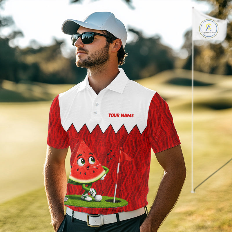 Male golfer wearing watermelon golf polo on the course, premium moisture-wicking golf apparel for golf tournaments, vacation golf and charity golf events.